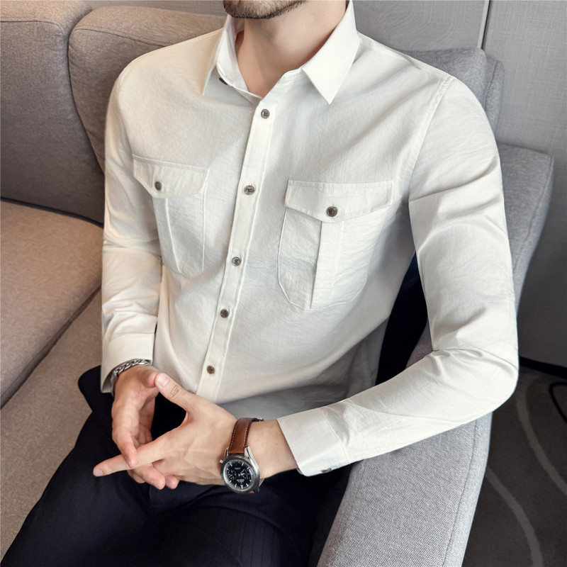 Quality Men's Shirts, Fashionable Linen and Cotton Textured Workwear Long-Sleeved Shirts, Double Flap Pocket Pants Decorated Men's Long-Sleeved Shirts