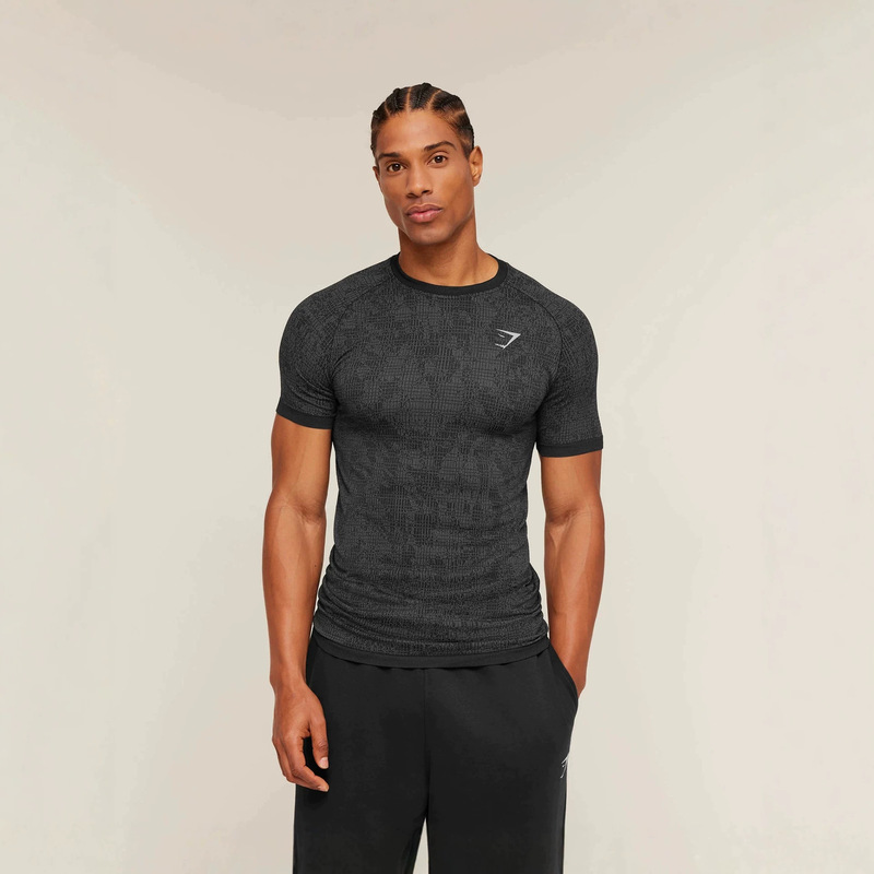 GYMSHARK New Muscle Shark Trendy Sports Fitness Milk Silk Camouflage Print Short Sleeve Tight T-Shirt Top