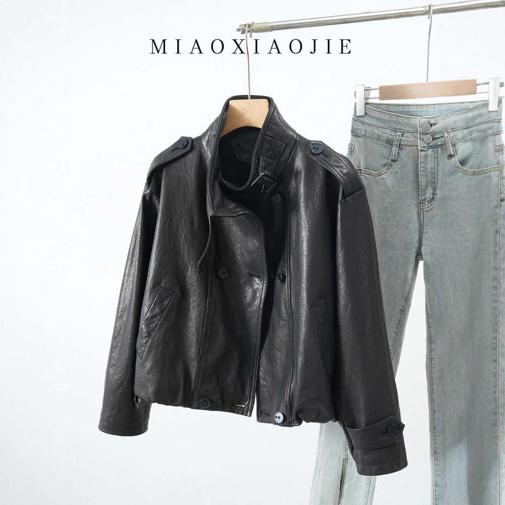 High-End Hepburn Oil-Waxed Leather Jacket for Women, Loose Stand-Up Collar Biker Leather Jacket, Oil-Waxed Cowhide Short Jacket