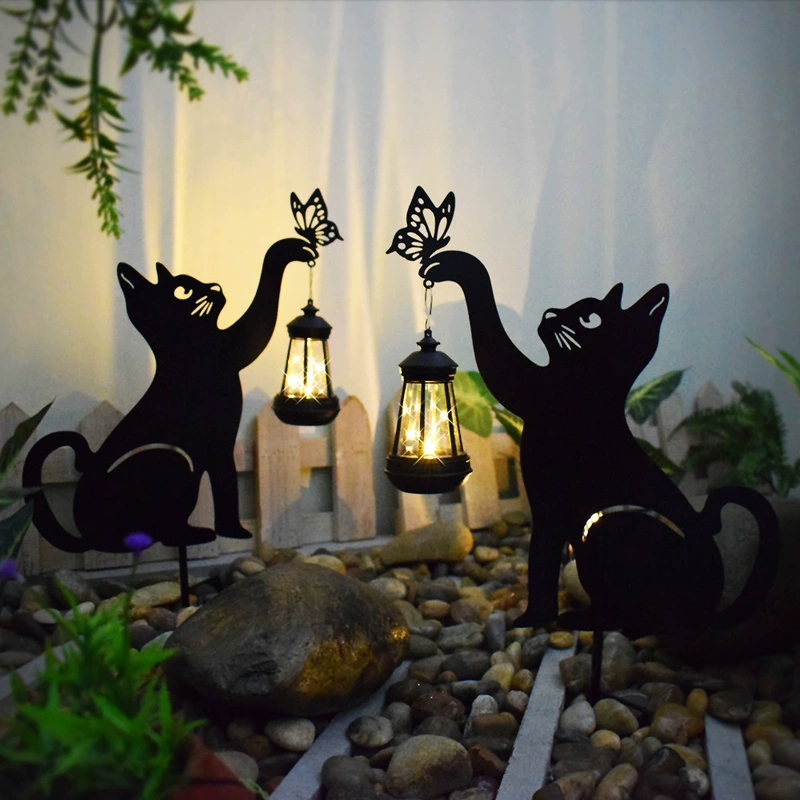Садовый светильник на солнечной батарее кошка из кованого металла LED