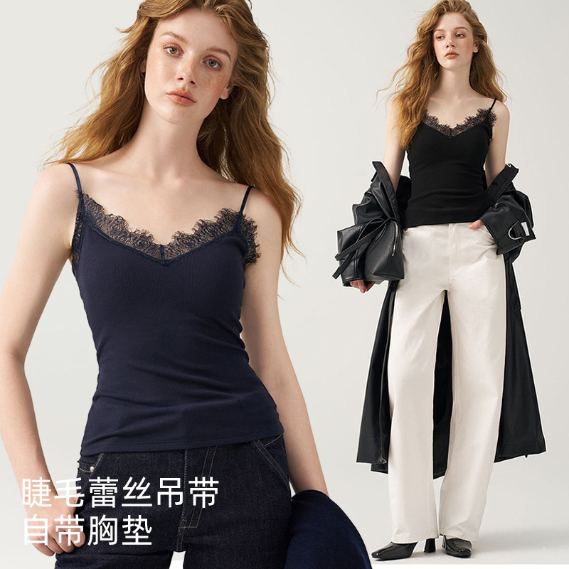 直播爆款睫毛蕾丝V领带杯吊带女羊毛磨毛柔软舒适保暖美背背心女|undefined