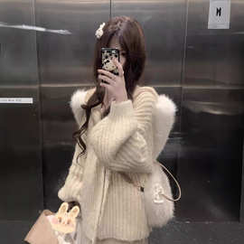 软糯杏色连帽毛领毛衣女秋冬慵懒松弛感宽松外穿保暖针织开衫外套