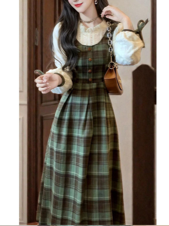 森系复古绿格连衣裙子秋装女2025新款学院风小个子假两件背带长裙|undefined