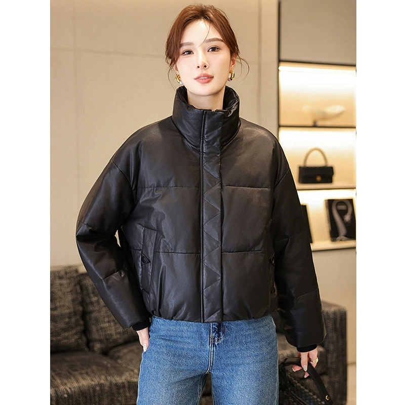 Down jacket, genuine leather exterior, goose down filling, short padded style, black