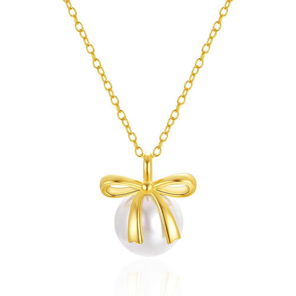 Women's Gender 925 Sterling Silver Artificial Pearls Cable Chain Plating Inlay Bow Knot Pendant Necklace