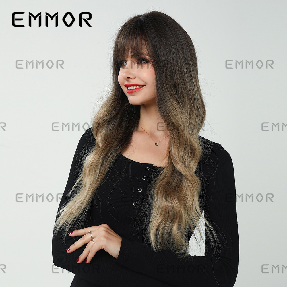 Amazon comercio exterior de las mujeres europeas y americanas gradiente Bangs marrón largo pelo rizado natural mullido transpirable peluca cabeza cubierta