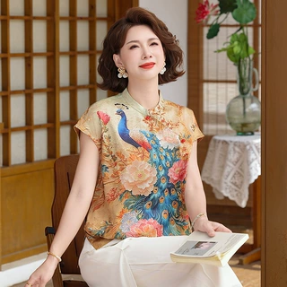 妈妈夏天高贵洋气套装中年女印花短袖上衣中老年夏装气质优雅小衫