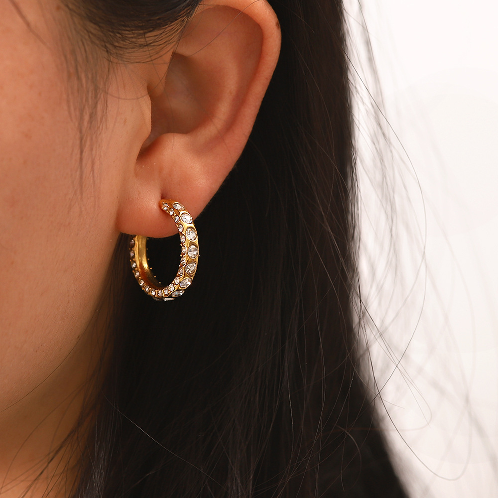 Fashion Geometric Stainless Steel Gold Plated Rhinestones Hoop Earrings 1 Pair display picture 1