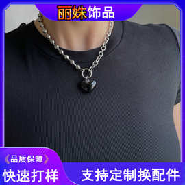 欧美新品黑色心形链环球形椭圆形不锈钢项链简约个性休闲项圈女式