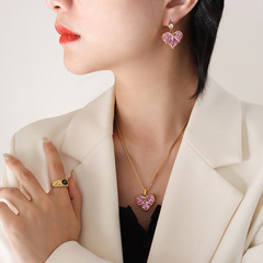Stunning Pink Heart Diamond Pendant Necklace Designer Original Heart Shaped Zirconia Earrings Fashion Model Same Style Jewelry Set