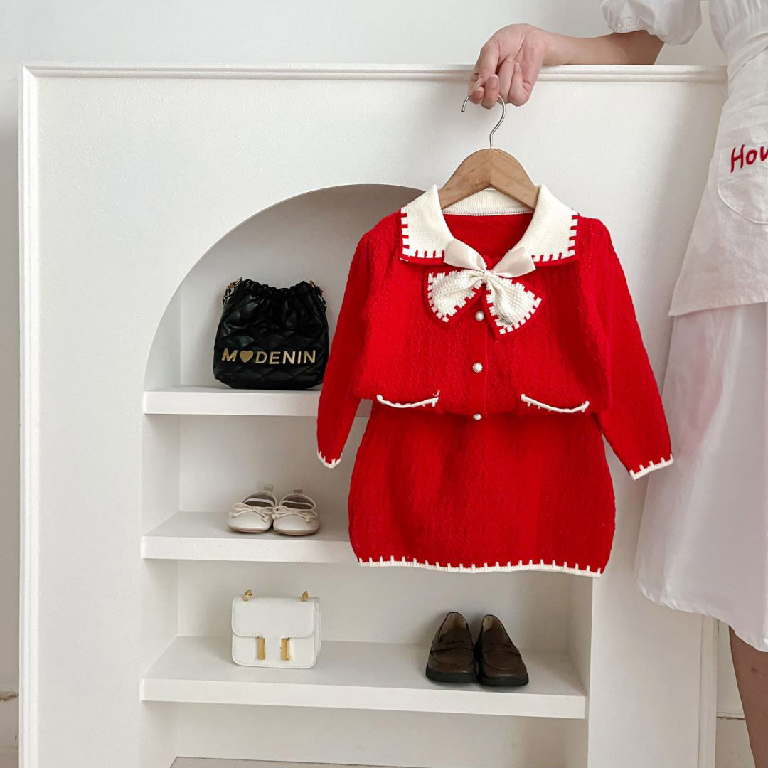 Bär 2024 höst/vinter ny liten flicka söt rosett halvkjol stickad doftande cardigan för barn_voghion.com