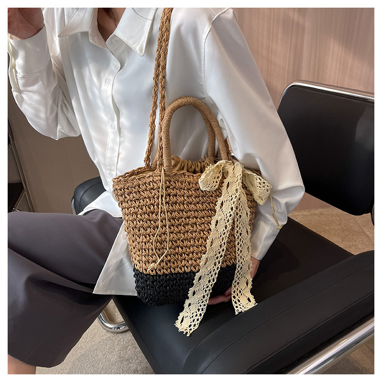 Women's Straw Shoulder Bag With Silk Scarf For Holiday Beach_voghion.com