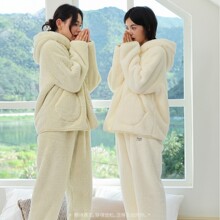 829珊瑚绒新款睡衣女冬季加绒加厚保暖拉链套装连帽慵懒家居服冬