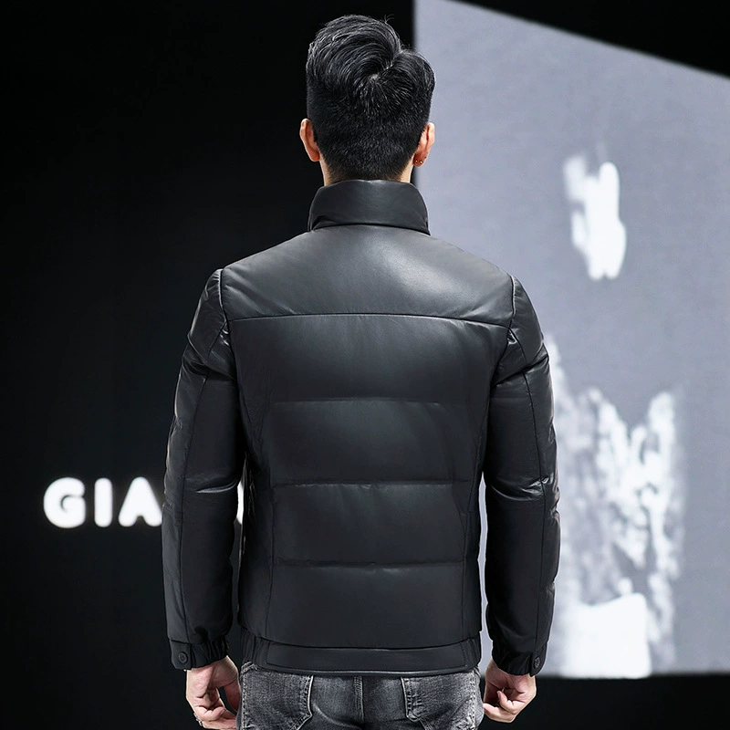 Short fitted fleece winter down jacket, 2023, genuine leather