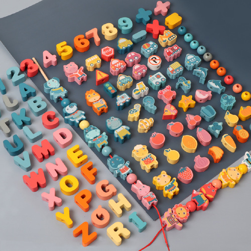 Beaded stringing children's educational hand-eye coordination transportation numbers letters fruit stringing beads building blocks early education toys