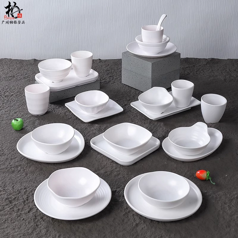 Matte white tableware, plastic set for commercial use, 4 piece set