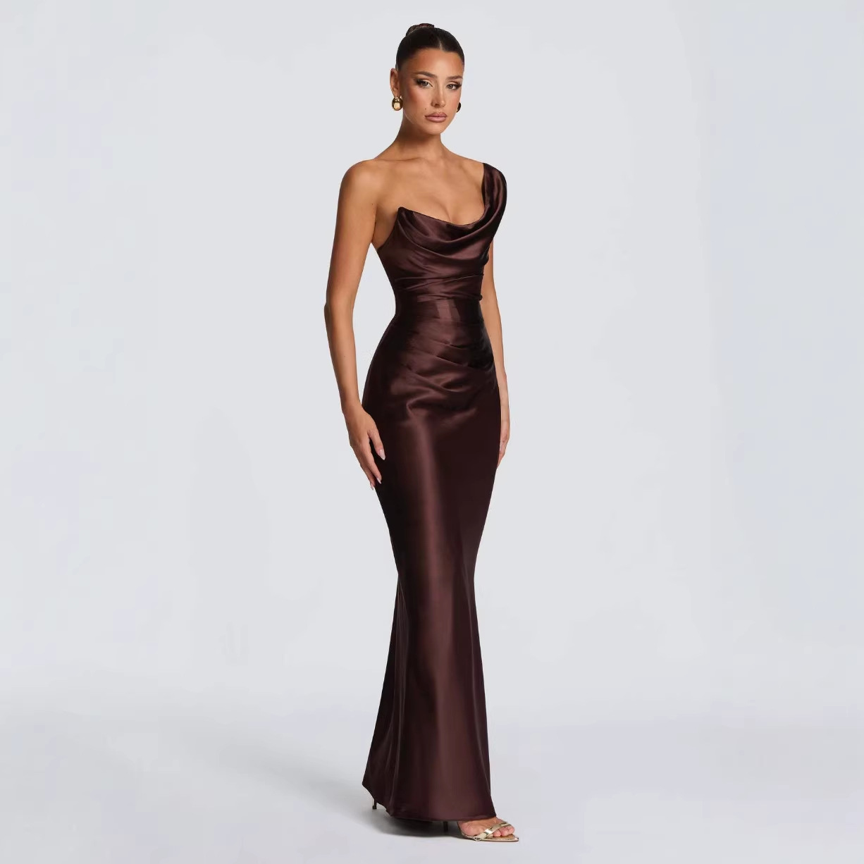Women's Satin Long Dress European American Style One Shoulder Tie Waist Slim Fashion High End New Spring_ecoleips.com
