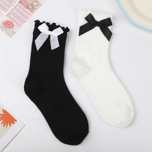 Trendy Solid Color Bowknot Socks for Women, Fashionable Japanese Style Ruffled Mid-Calf Socks, Comfortable and Breathable Lolita Jk Socks