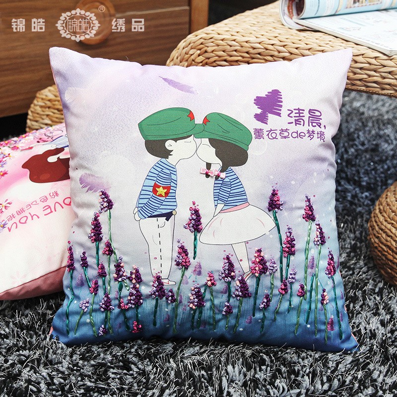 Fábrica al por mayor de color de impresión bordado de la cinta hecha a mano DIY paquete de material cojín funda de almohada flor frente mariposa volando doble platillo Flying dance