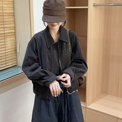 杭产翻领拉链短款皮衣外套女秋季新款宽松时尚休闲夹克上衣