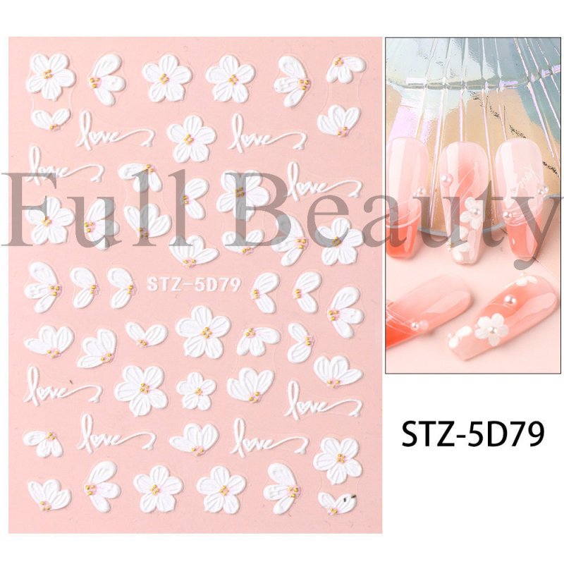 クロスボーダー新作ネイルステッカー春夏白ブルーピンク花花びら小花花レリーフ立体爪ステッカー|undefined
