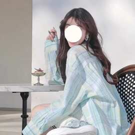 格子薄荷绿polo领格子衬衫女早春新款幂式穿搭长袖衬衣