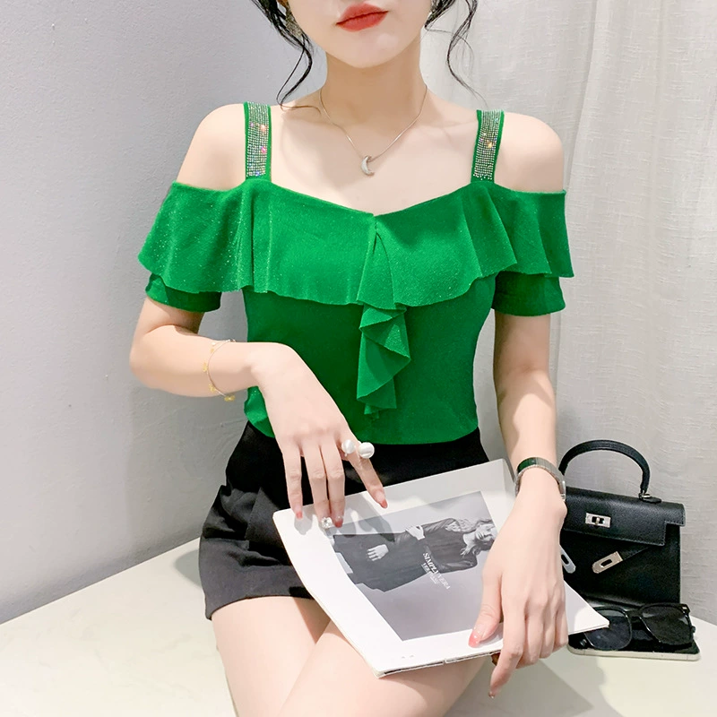 Фабричная стрельба 2024 летняя одежда с бриллиантами с воротником, тонкая талия, тонкая сетка, модная футболка с короткими рукавами