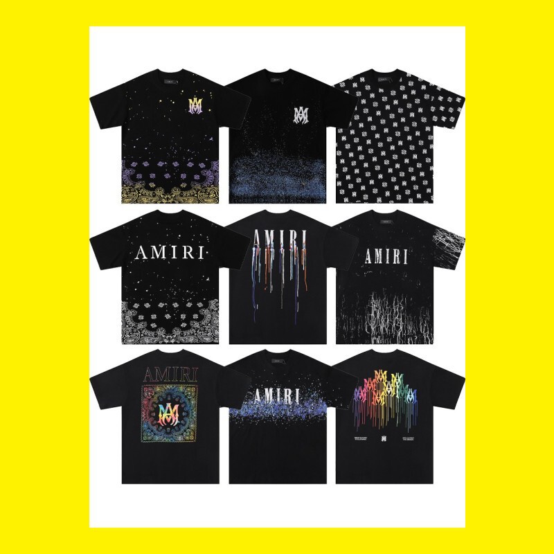 High Version Collection AMIRI Summer Short-sleeved Letter Fluid Splash Ink Round Neck Men's Short-sleeved T-shirt Cross-border Tide