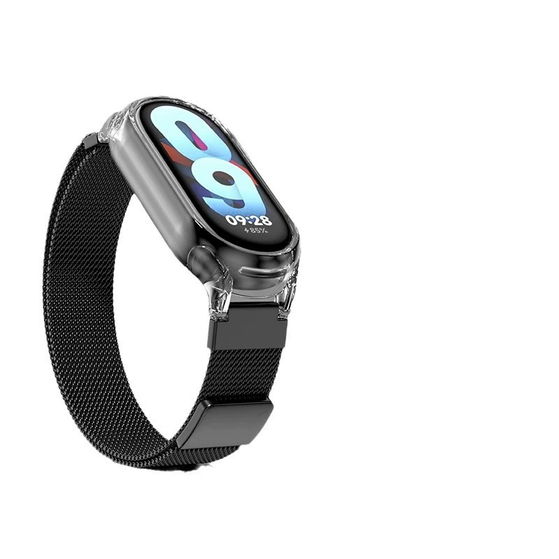 Ремешок для часов (Xiaomi Mi Band 10) прозрачная оболочка + магнитная металлическая лента Milan Mesh, лазерная гравировка