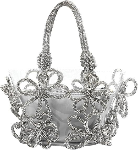Women's Rhinestone Flower Bucket Bag Luxury Handmade Evening Handbag_voghion.com