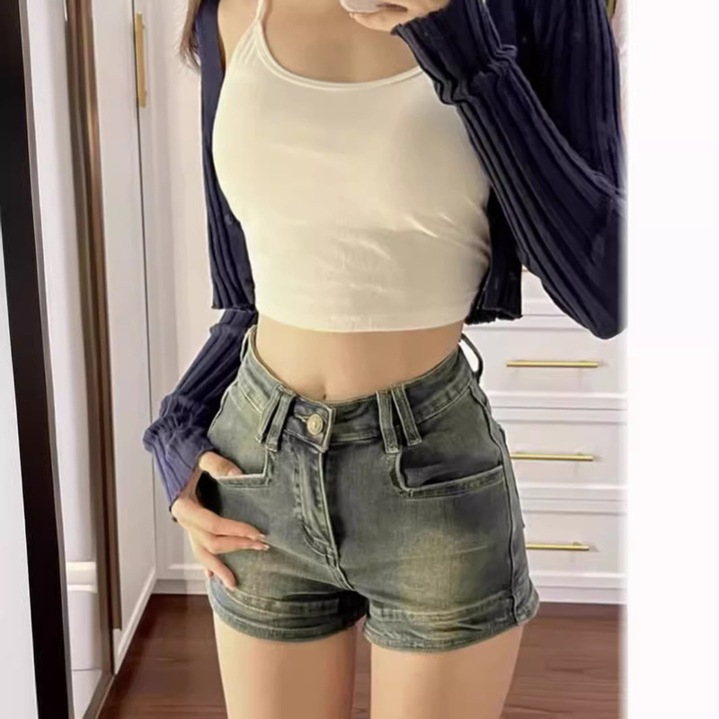 New retro stretch American Denim Super shorts women's summer thin sexy hot girl high waist hip slimming A- Line