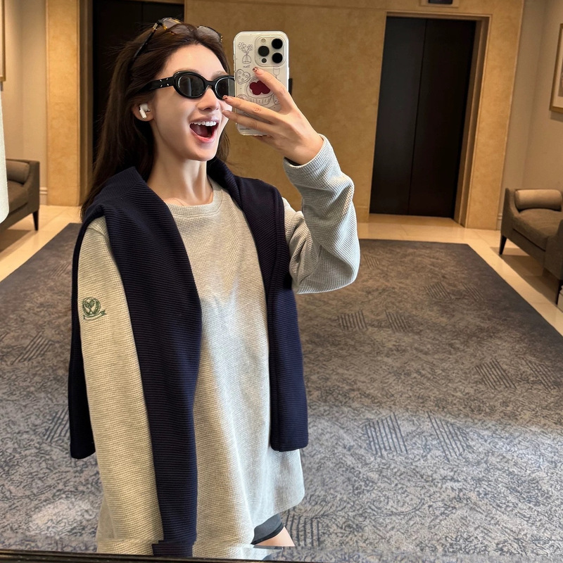 [Tennis Club] Waffle Long-Sleeved Top Women's Early Autumn Gray Sweatshirt Bottoming Shirt T-Shirt