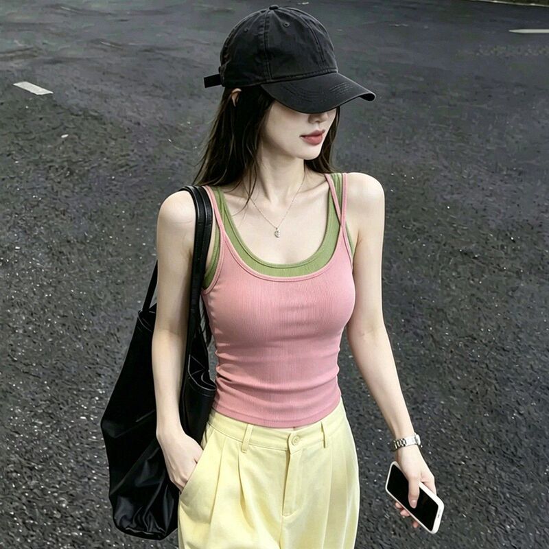 American-Style Spicy Girl Fake Two-Piece Camisole for Women, Summer Without Chest Pads, Sweet and Spicy Double-Strap Top for Layering or Wearing Alone