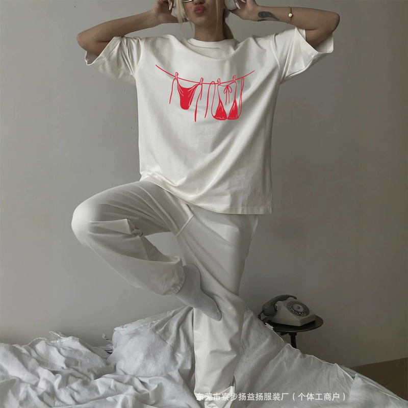 American-Style Personalized Hip-Hop Casual Sweet and Spicy Pure Desire Style Red Lingerie Print Pure Cotton Short-Sleeve Export Top American-Style Personalized Hip-Hop Casual Sweet and Spicy Pure Desire Style Red Lingerie Print Pure Cotton Short-Sleeve Export Top