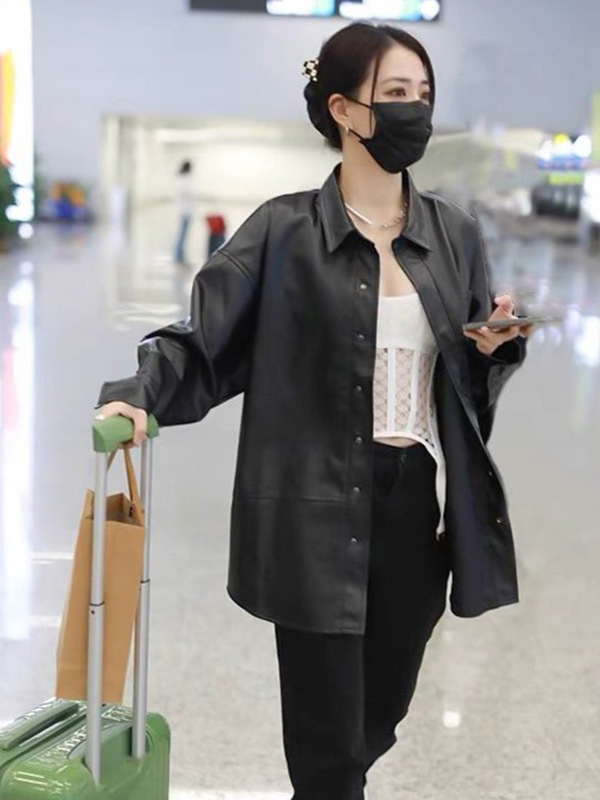 Sheepskin Korean Style Loose Leather Shirt Mid-Length Slimming Look 2025 Autumn and Winter New Fashionable Genuine Leather Jacket for Women