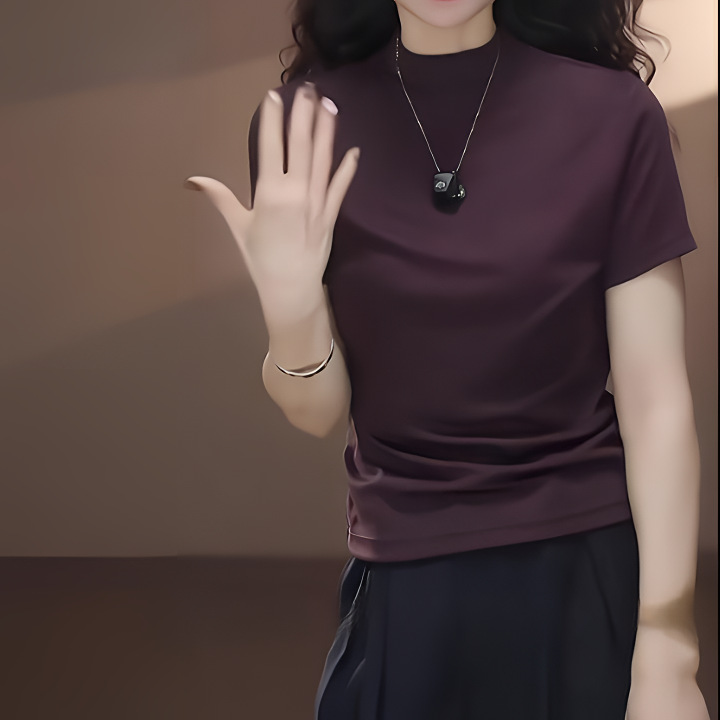 莱赛尔天丝面膜T女2026夏季新款小立领短袖正肩百搭气质显瘦上衣
