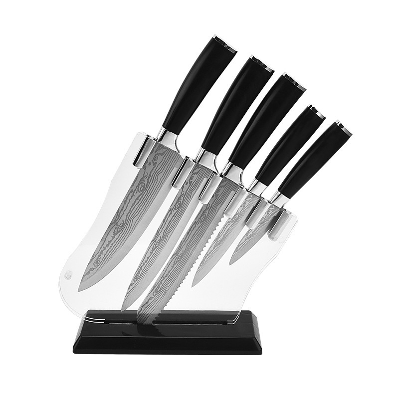 Exportación Acrílico Soporte de almacenamiento de herramientas giratorias Cuchillo de cocina Damasco Juego de herramientas de cocina con patrón láser de acero inoxidable