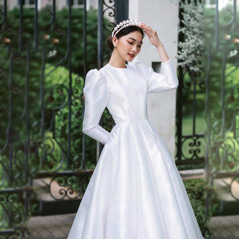 Vestido de novia estilo francés Hepburn 2026, nuevo, vintage, de tul ligero, satén sencillo, manga larga, conservador, largo hasta el suelo. image 7