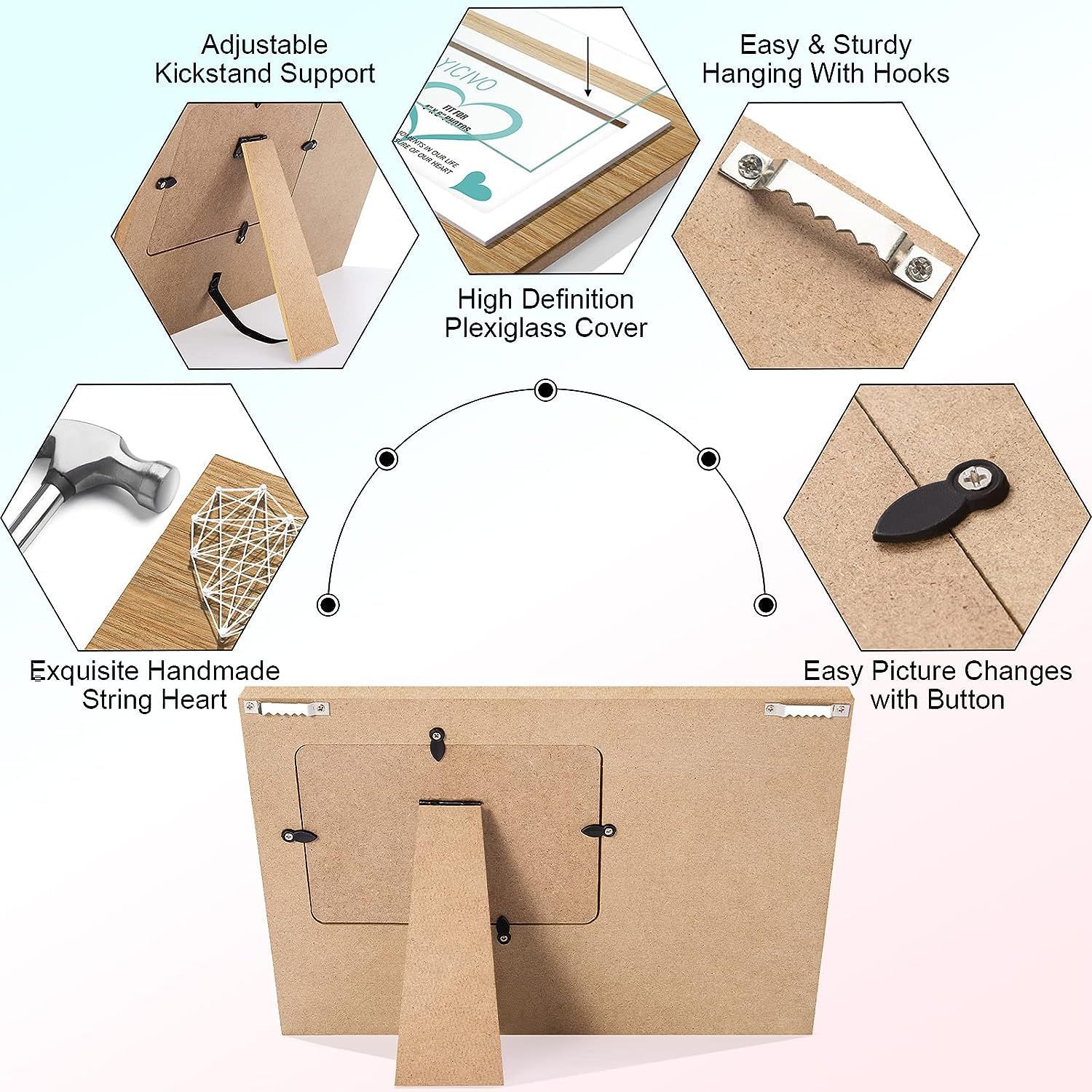 Marco de fotos de madera para mascotas Decoración de mesa creativa Decoración de mesa de bebé marco de fotos en forma de corazón doble latido bobinado