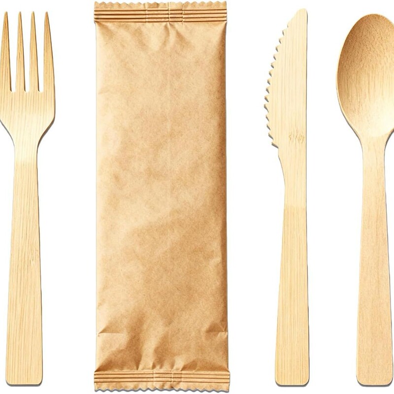 Disposable Tableware Set Bamboo Knife, Fork, Spoon, Napkin, Kraft Paper Four-Piece Set Eco-Friendly and Biodegradable for Western Food and Camping
