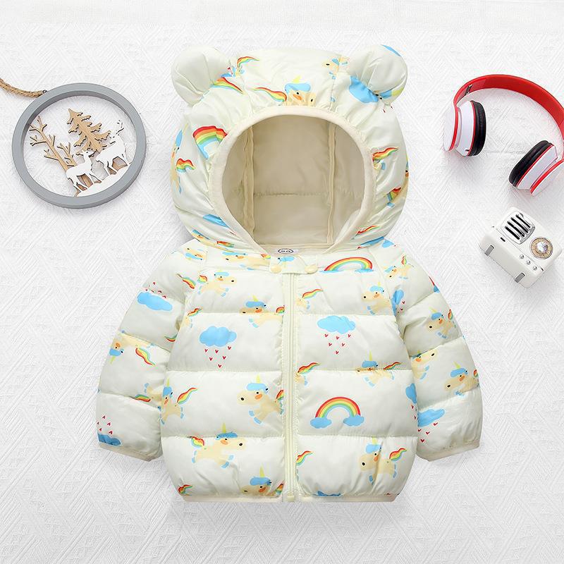 2025 nuevo otoño y invierno bebés niños niñas orejas encapuchadas impresión ropa de algodón bebé abrigo ligero bebé