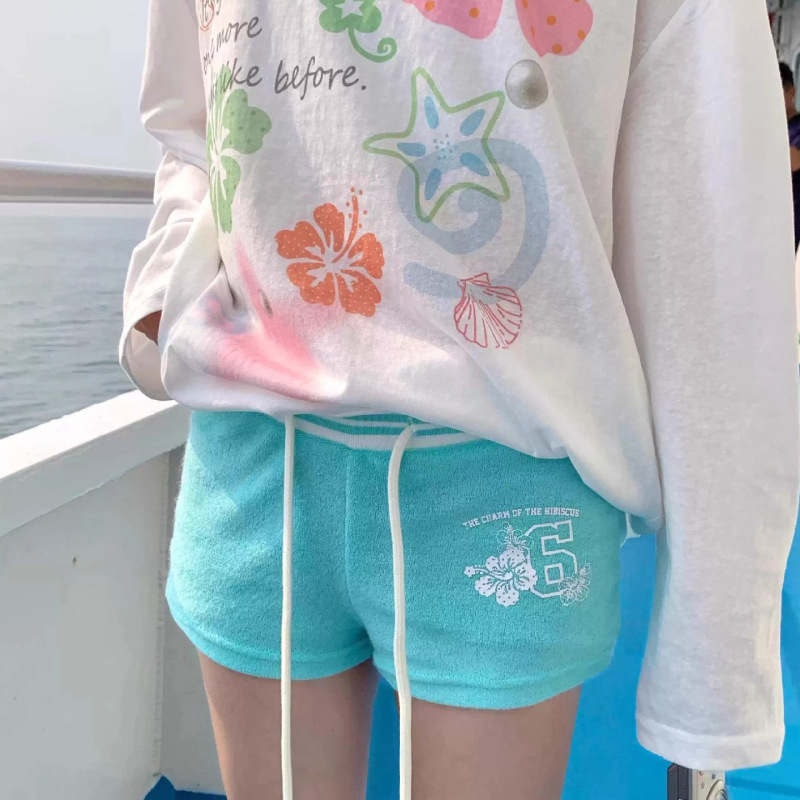 American-Style Drawstring Beach Shorts for Women, Summer High-Waisted Dopamine Sports Casual Versatile Straight Shorts