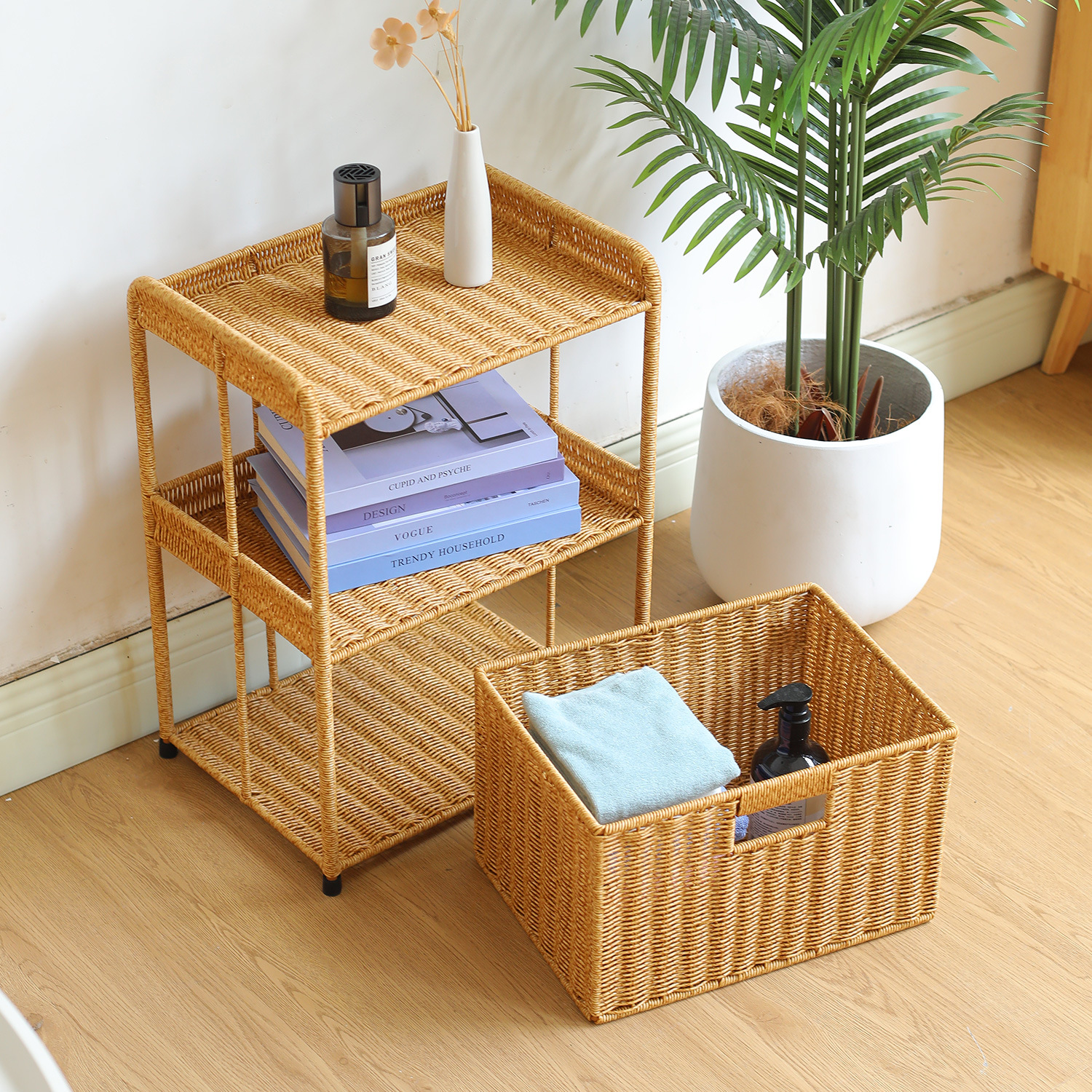 Gabinete de cabecera multicapa doméstico de imitación dormitorio gabinete de lado de la cama sala de estar almacenamiento de almacenamiento de almacenamiento de acabado de estante de almacenamiento