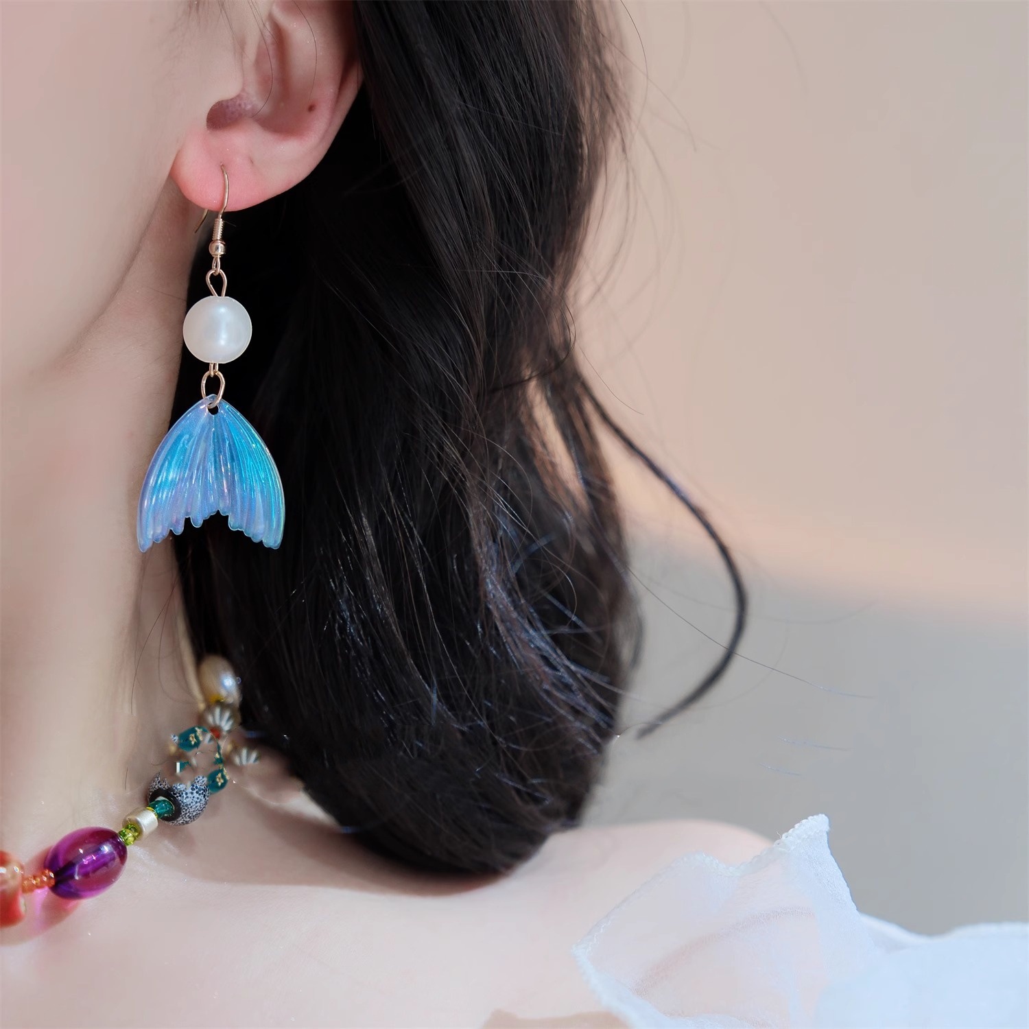 Purple Mermaid Princess Pearl Long Stud Earrings Sterling Silver_voghion.com
