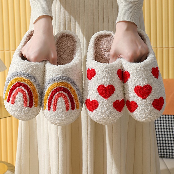 Cross-border hot-selling winter heart-shaped cotton slippers for women, wholesale indoor home rainbow plush warm slippers with towel embroidery