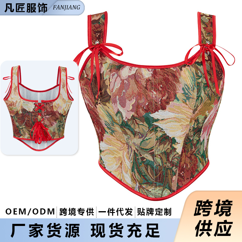 New cross-border corset jacquard Monet oil painting retro fishbone corset, push-up waist slimming and tummy control court shapewear