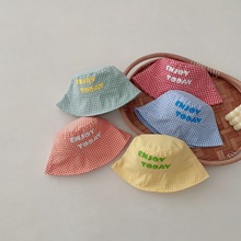 韓國ins彩色格子漁夫帽嬰兒棉寬檐防曬帽嬰兒夏天透氣防曬帽兒童