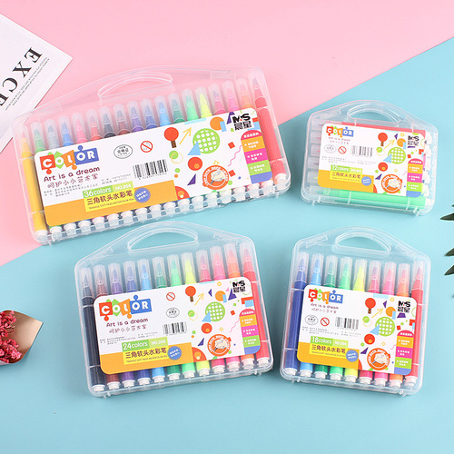 Cartoon Soft Tip Triangle Rod Watercolor Brush Set for Students, 12, 24, 36 Color Liner Brushes, Colored Drawing Pens