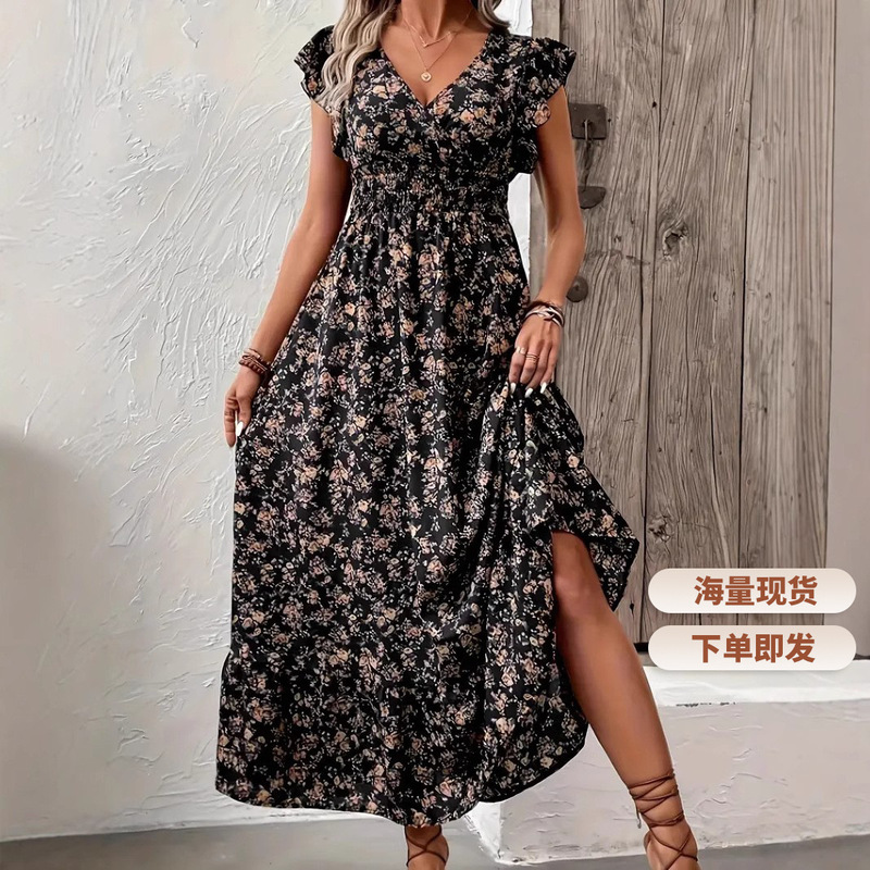 2026 European and American Cross-Border Summer New Arrivals V-Neck Floral Print Dress Fashionable and Elegant Vacation Beach Long Dress for Women