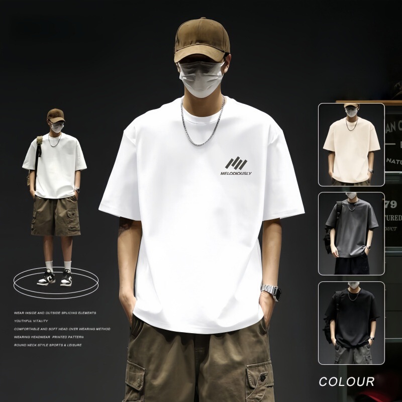 100% Pure Cotton Short-Sleeved T-Shirt for Men, Summer Korean Style Ins Trendy and Handsome Youth Loose and Versatile 200g Top 100% Pure Cotton Short-Sleeved T-Shirt for Men, Summer Korean Style Ins Trendy and Handsome Youth Loose and Versatile 200g Top
